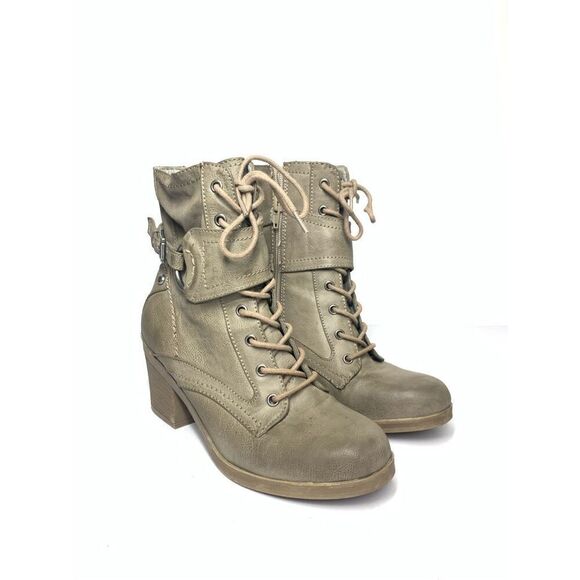 G by Guess Taupe Brown Lace Up Combat Boots Heel Distressed Leather Women 6.5 - Picture 1 of 8